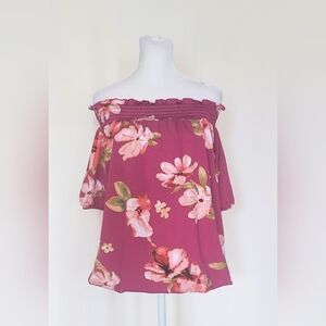 Anna Morgan Women's Medium Smocked Neck Off the Shoulder Blouse Red Floral